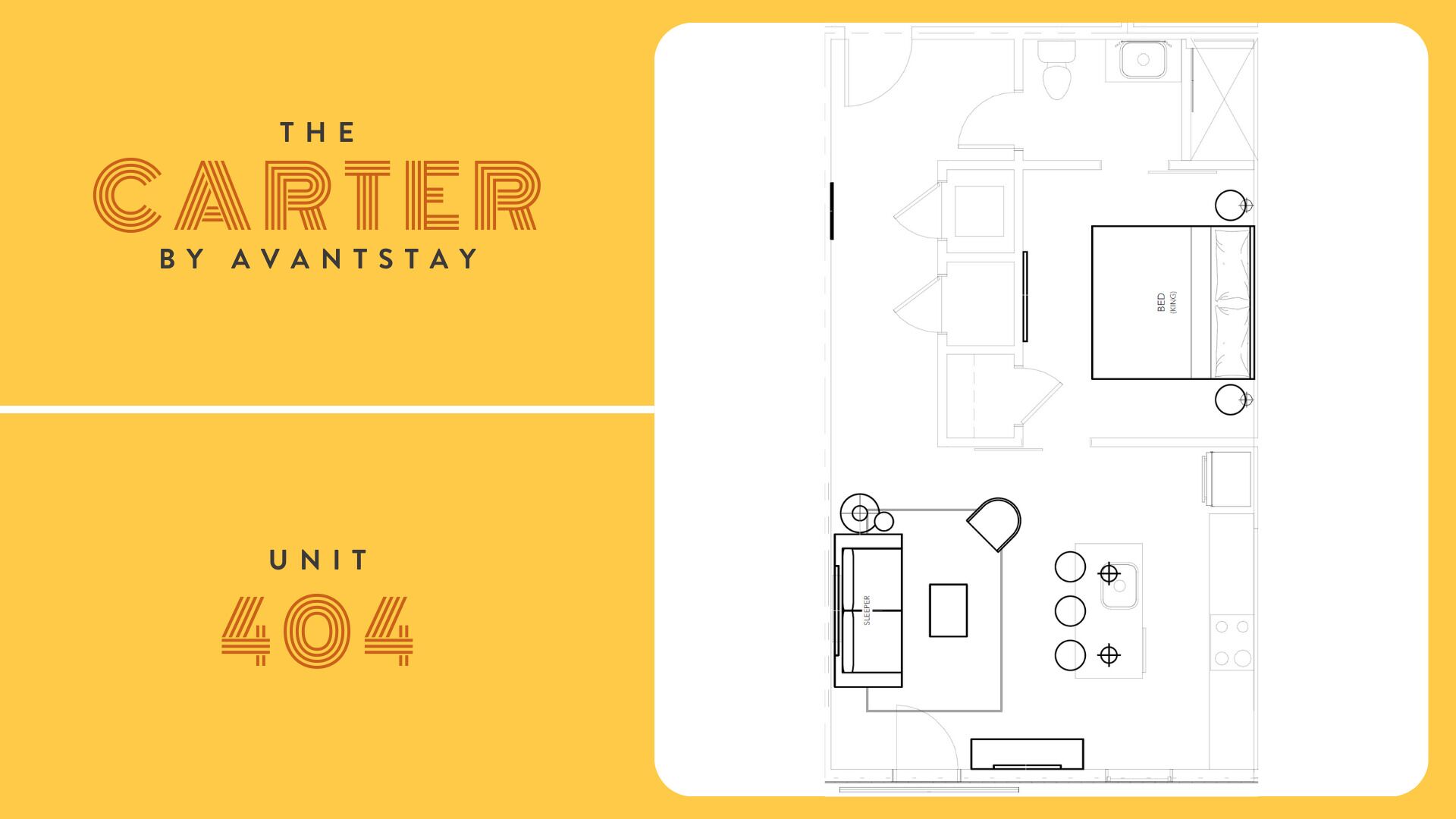 A floor plan of a hotel room labeled "Unit 404" with a bed, a desk, a chair, a wardrobe, and a bathroom.