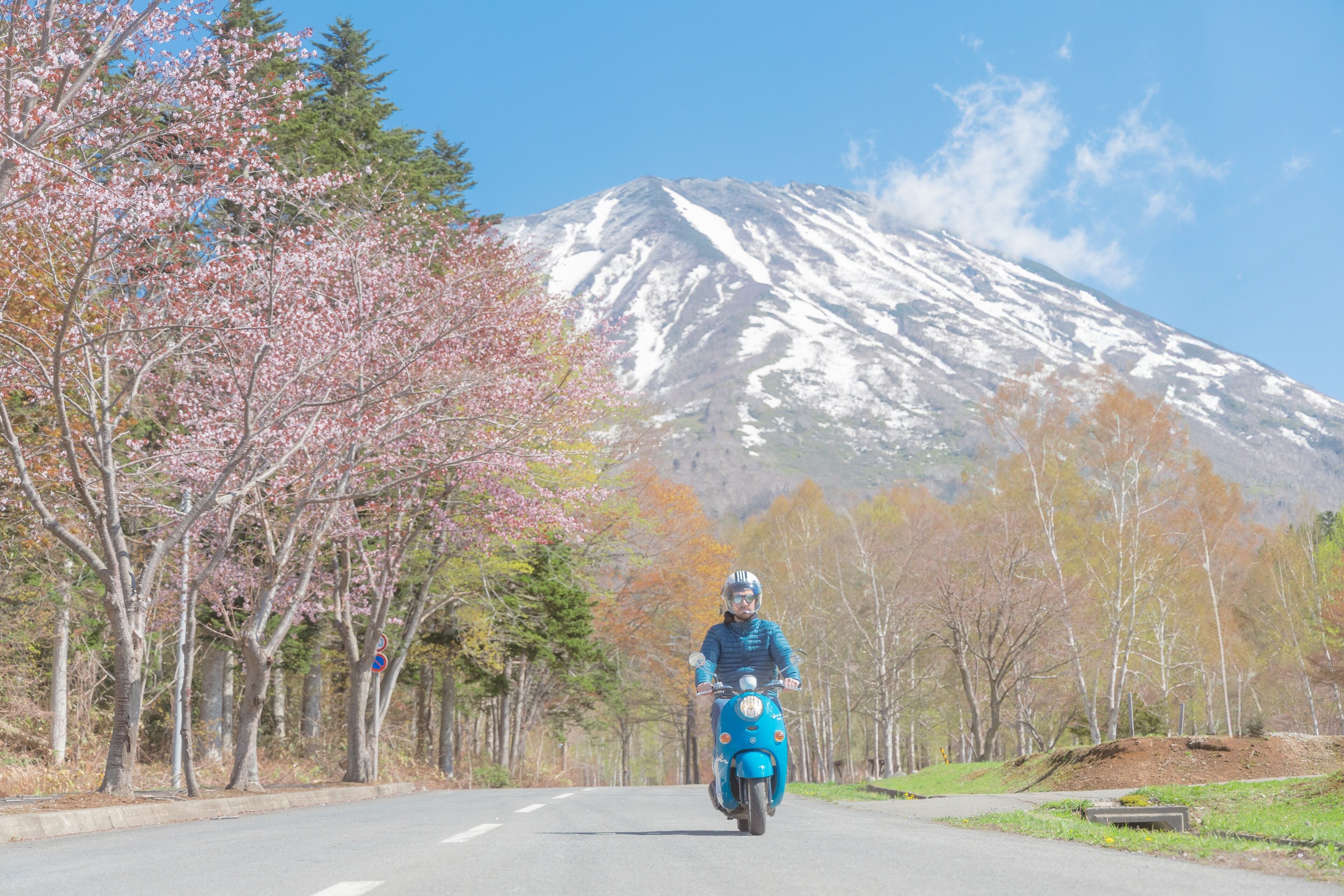 Una persona conduciendo un scooter azul por una carretera bordeada de árboles y una montaña nevada al fondo.