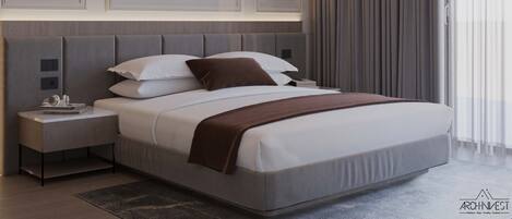 A modern hotel room with a large bed, two bedside tables, and wall-mounted lamps.