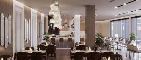 A modern restaurant with a long dining area, bar, and kitchen in the background.
