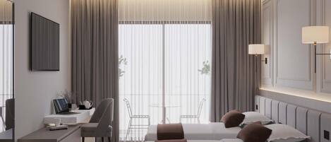 A modern hotel room with a desk, two beds, a chair, and a large window with curtains.