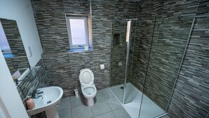 A modern bathroom with a glass-enclosed shower, a toilet, and a sink. - Aberlour Apartment No 2 (Argyll and Bute Council)
