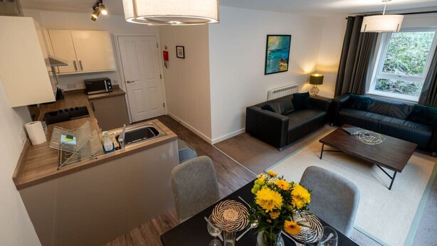 A compact living space with a kitchenette, a sofa, a dining table with a vase of flowers, and a view of the outdoors. - Aberlour Apartment No 2 (Argyll and Bute Council)
