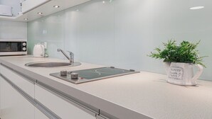 A modern kitchen with a double sink, a built-in stovetop, and a potted plant. - Morski Anioł by Baltic Home (Swinoujscie)
