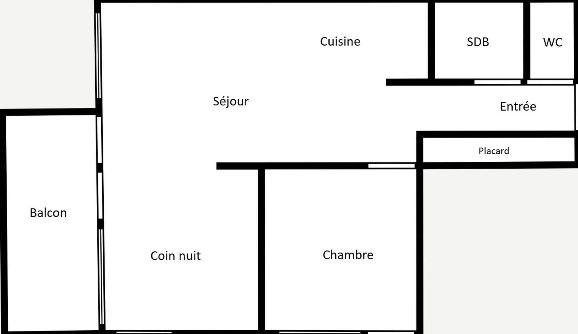 A hotel layout with a balcony, coin room, bedroom, dining area, and WC.