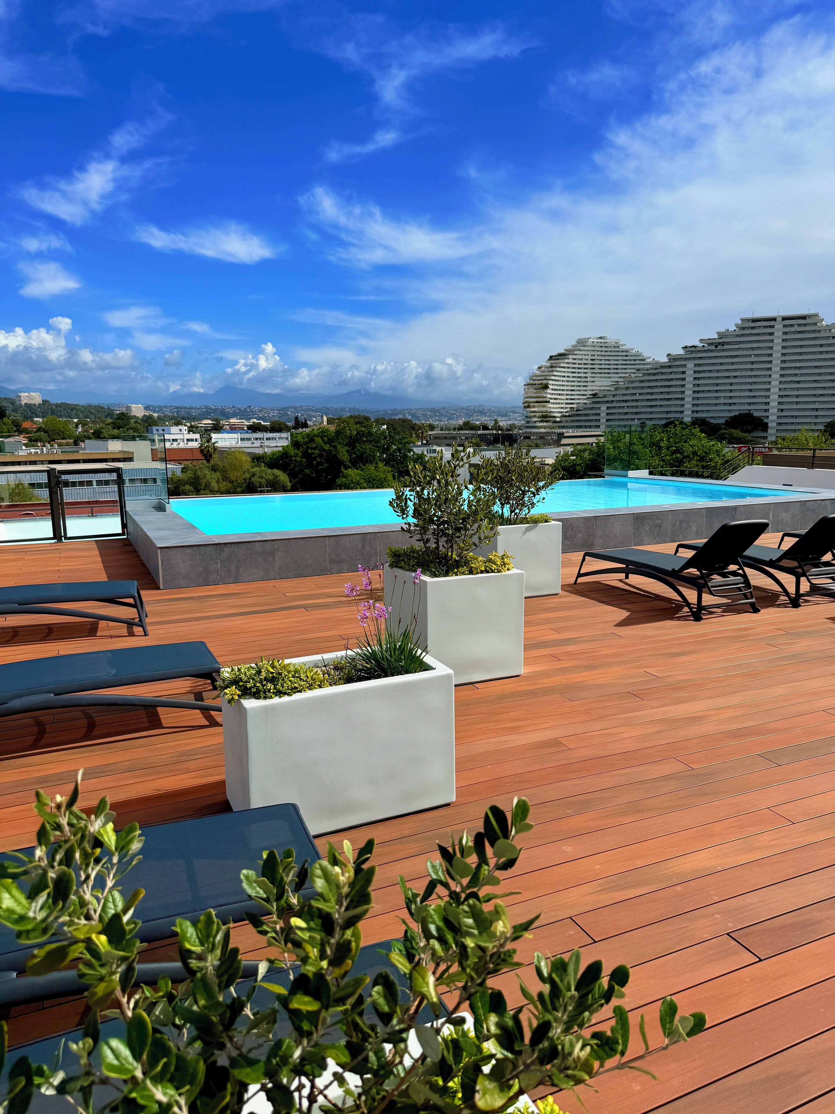 Un espace piscine aménagé sur le toit, avec des chaises longues, des jardinières remplies de plantes et une vue sur les bâtiments et les montagnes au loin.