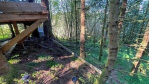 A wooden deck with a small structure, surrounded by a forested area. - Magical Forest Dome Getaway (Vestland)