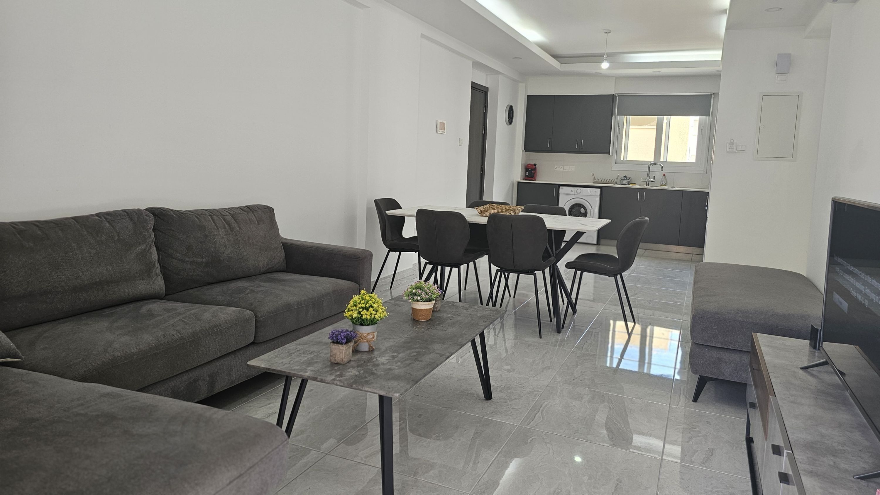 A modern living room with a grey sofa, a coffee table with flowers, and a dining area with chairs and a table.