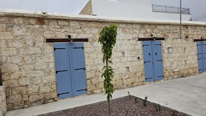 A stone building with blue doors and a small tree in front.