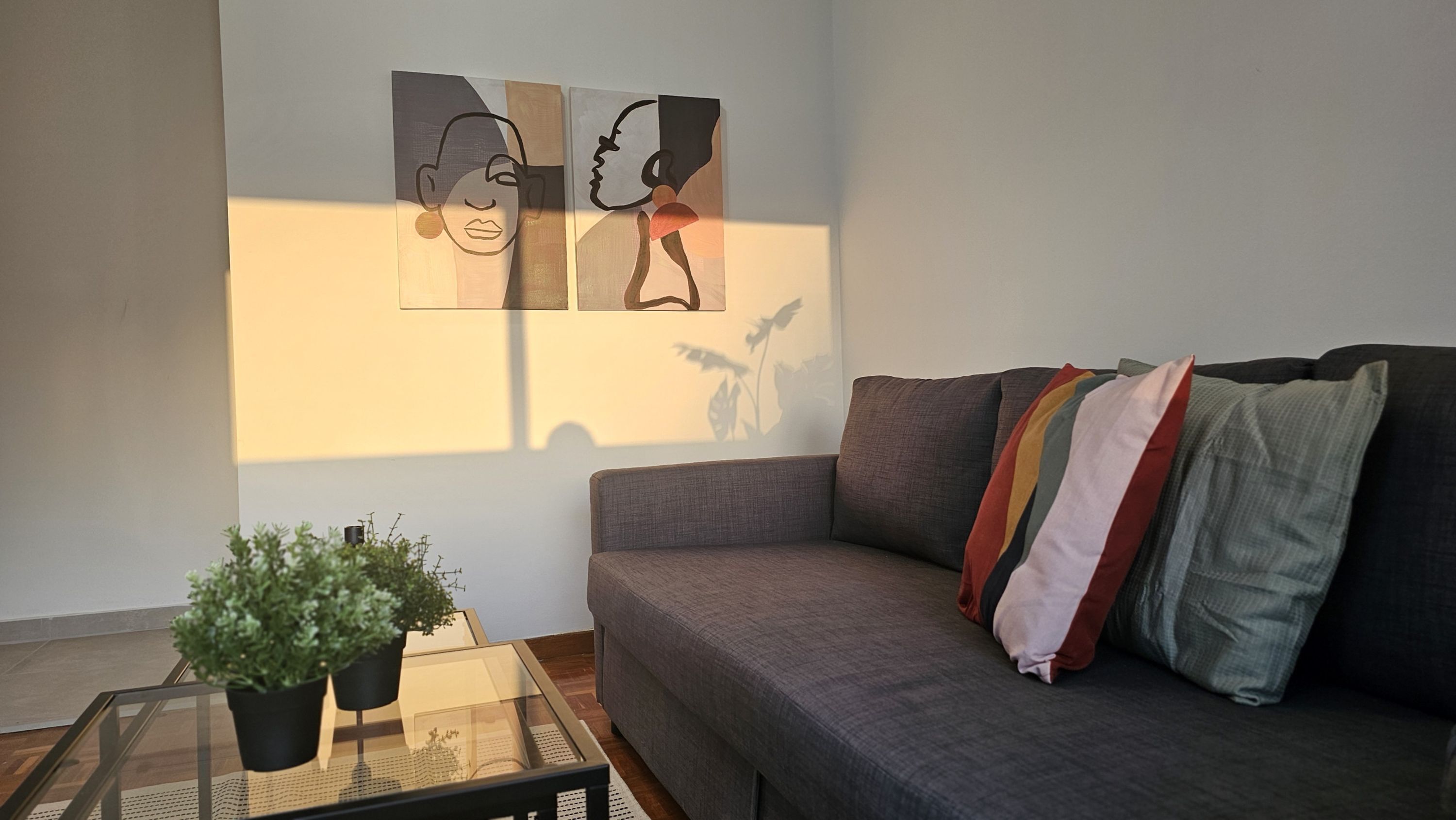 Un salon moderne avec un canapé gris, des coussins colorés et une table basse en verre sur laquelle est posée une plante en pot.