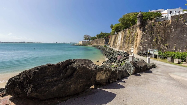 A coastal walkway with a rocky shoreline, a clear blue sea, and a stone wall with vegetation.