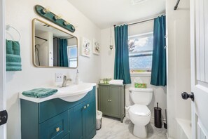 Chuveiro, secador de cabelo, toalhas de banho 