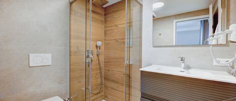 A modern bathroom with a glass-enclosed shower, a toilet, a sink, and a mirror.