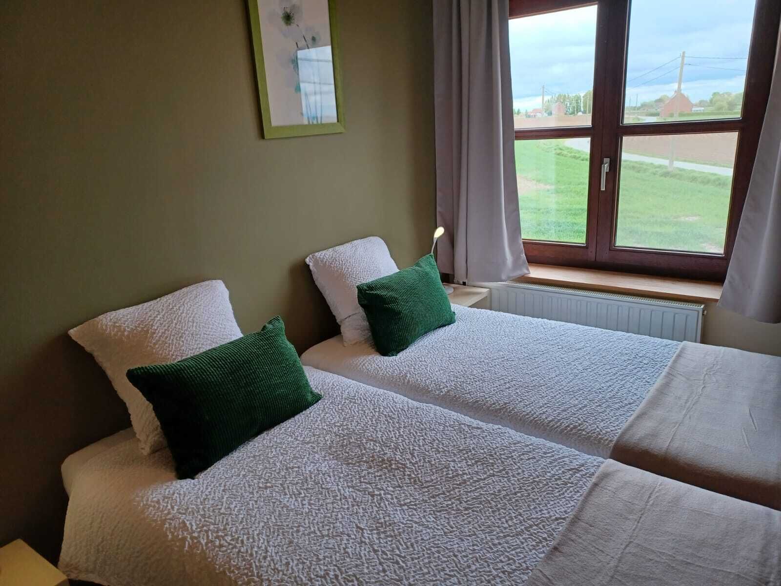 A hotel room with two beds, each with a white textured bedspread and a green pillow. There is a window with a view of a green landscape and a building in the distance.