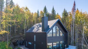 Una casa moderna con un amplio ventanal, una chimenea y un jacuzzi en el patio trasero.