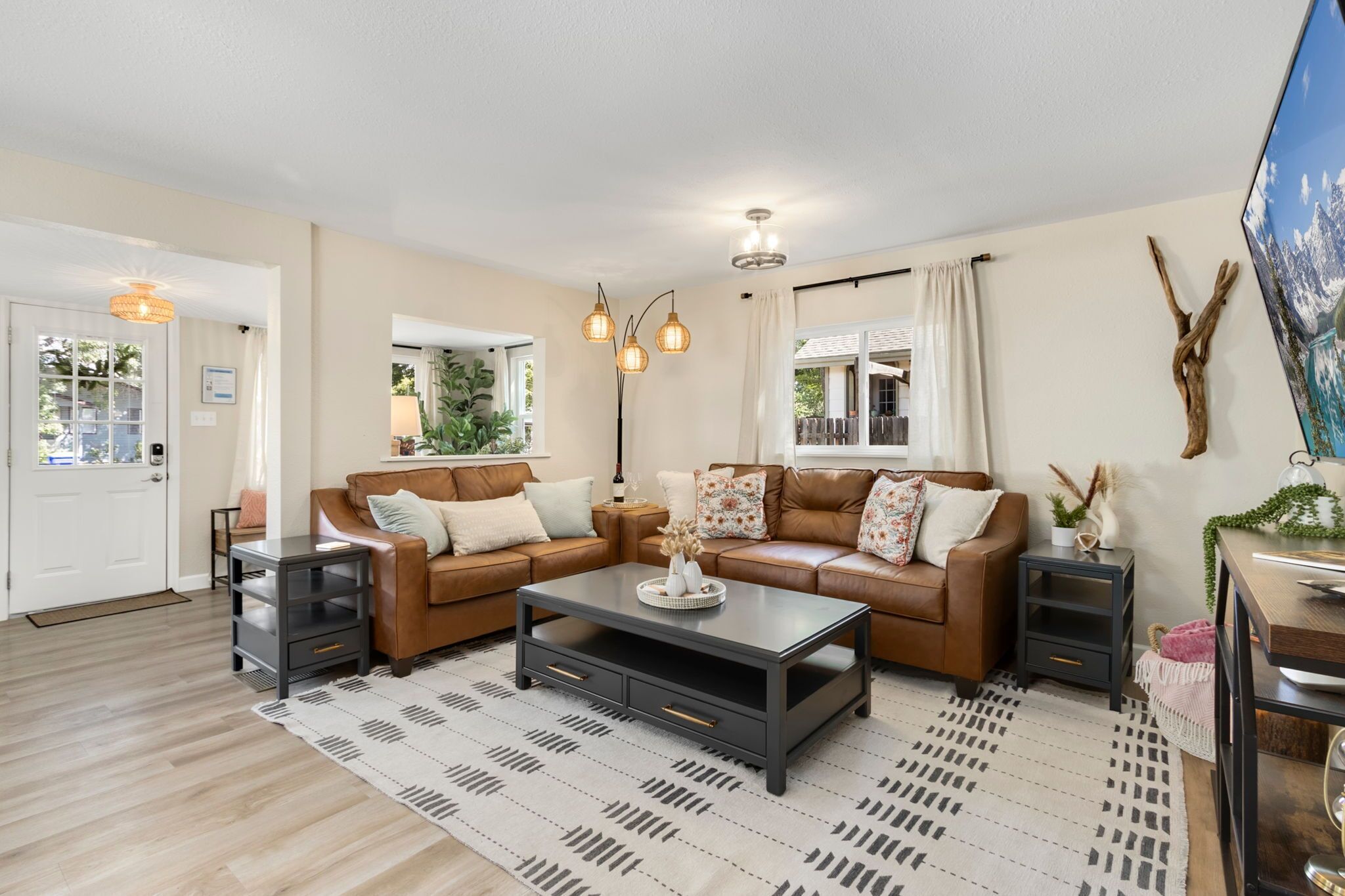 Smart TV, fireplace, books