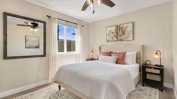 4 bedrooms, desk, iron/ironing board, travel crib