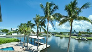 A waterfront property with a pool, palm trees, and a dock.