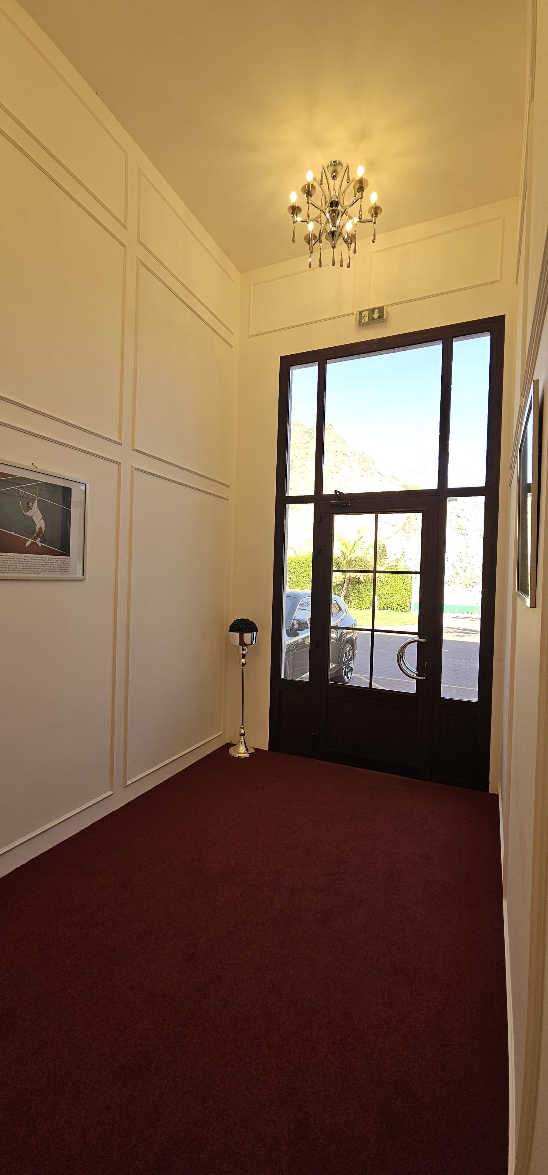 A hallway with a chandelier, a framed picture on the wall, and a door leading outside.