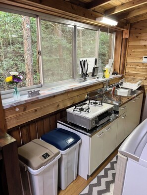 Fridge, microwave, oven, electric kettle