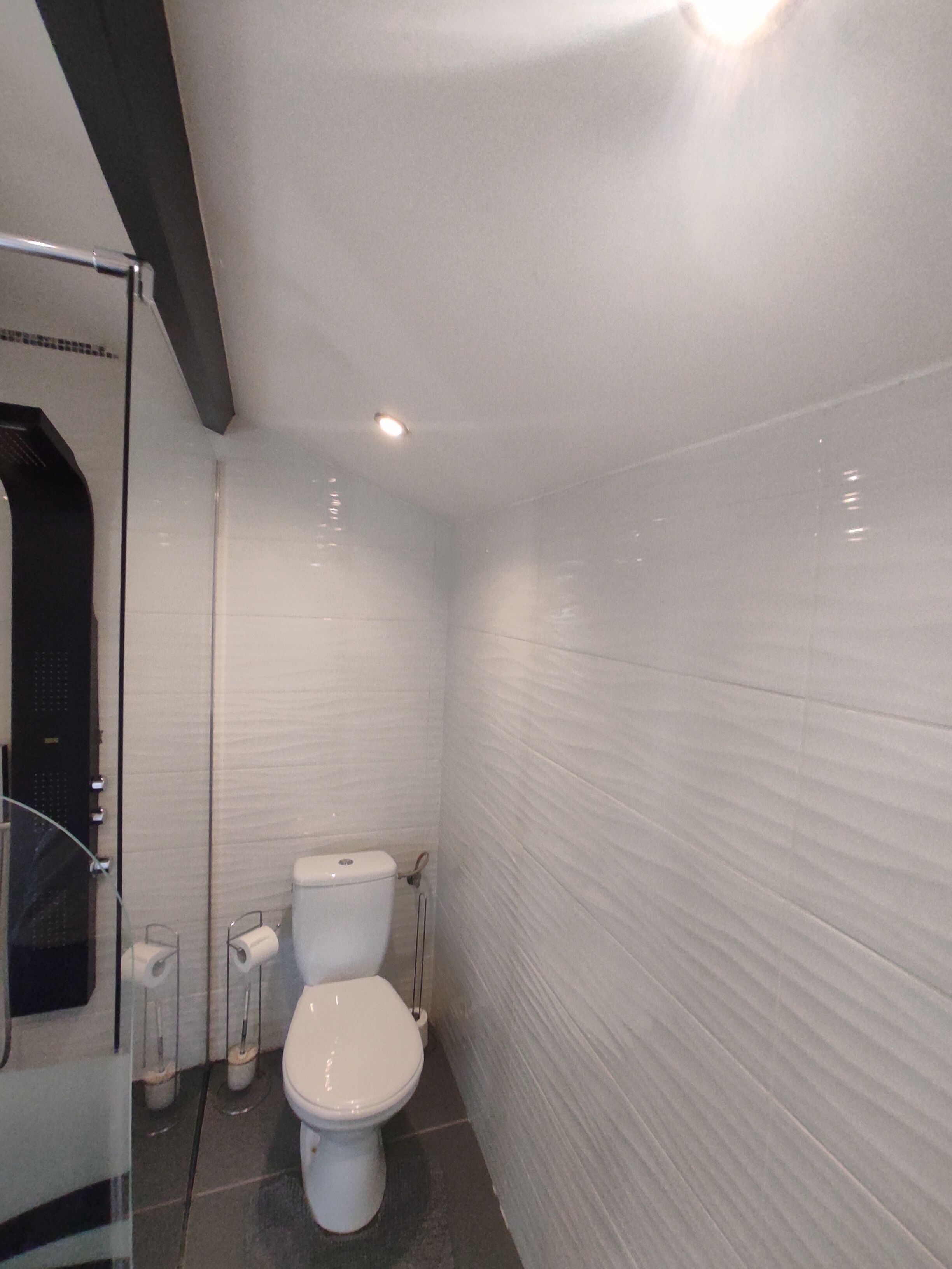 A small, white-walled bathroom with a toilet, a glass shower enclosure, and a tiled floor.