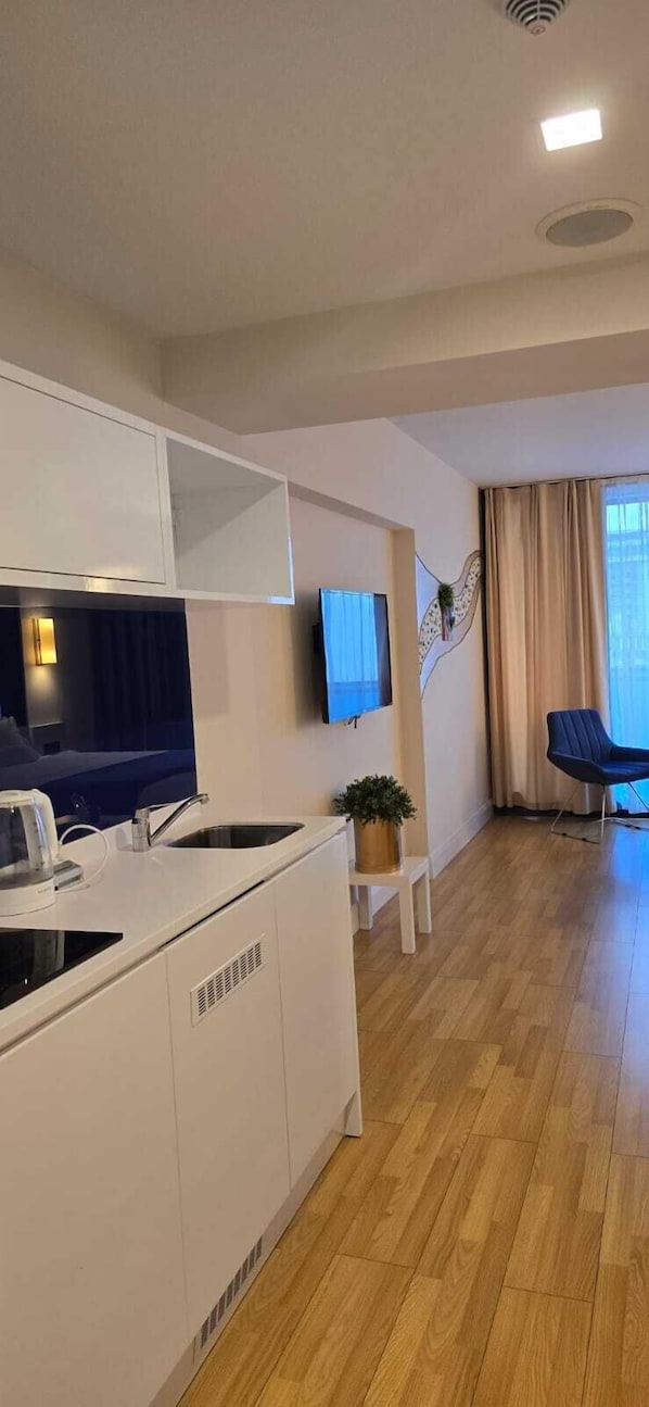 Studio, balcon, vue sur la mer | Bureau, espace de travail pour ordinateurs portables