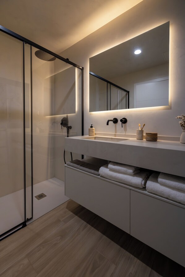 Shower, hair dryer, towels, toilet paper