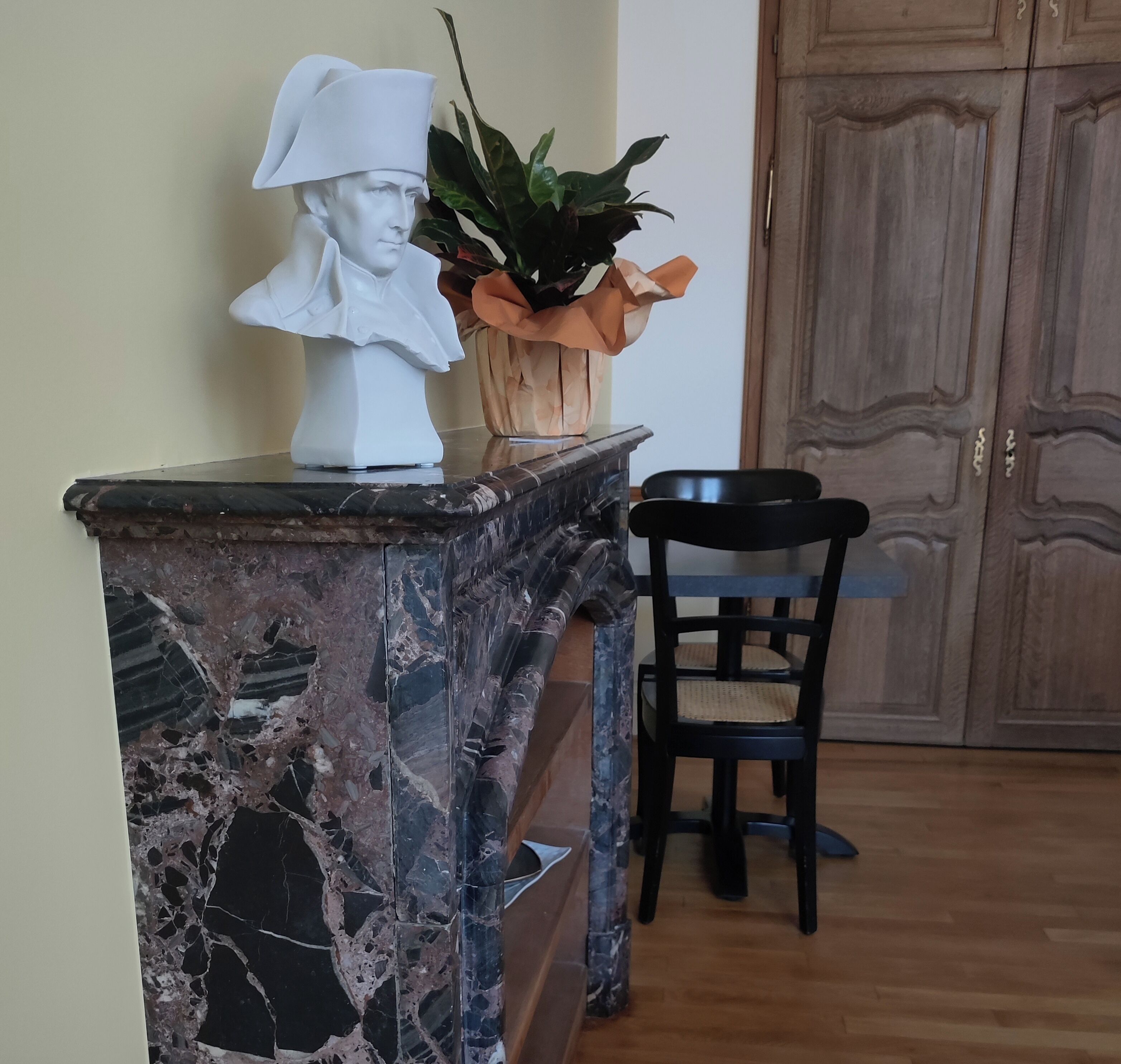 A marble countertop with a bust sculpture, a potted plant, and a black chair in a room with wooden flooring and a wooden door.