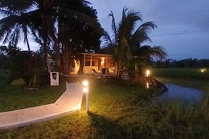 A house with a pathway leading to it, surrounded by palm trees and a body of water.
