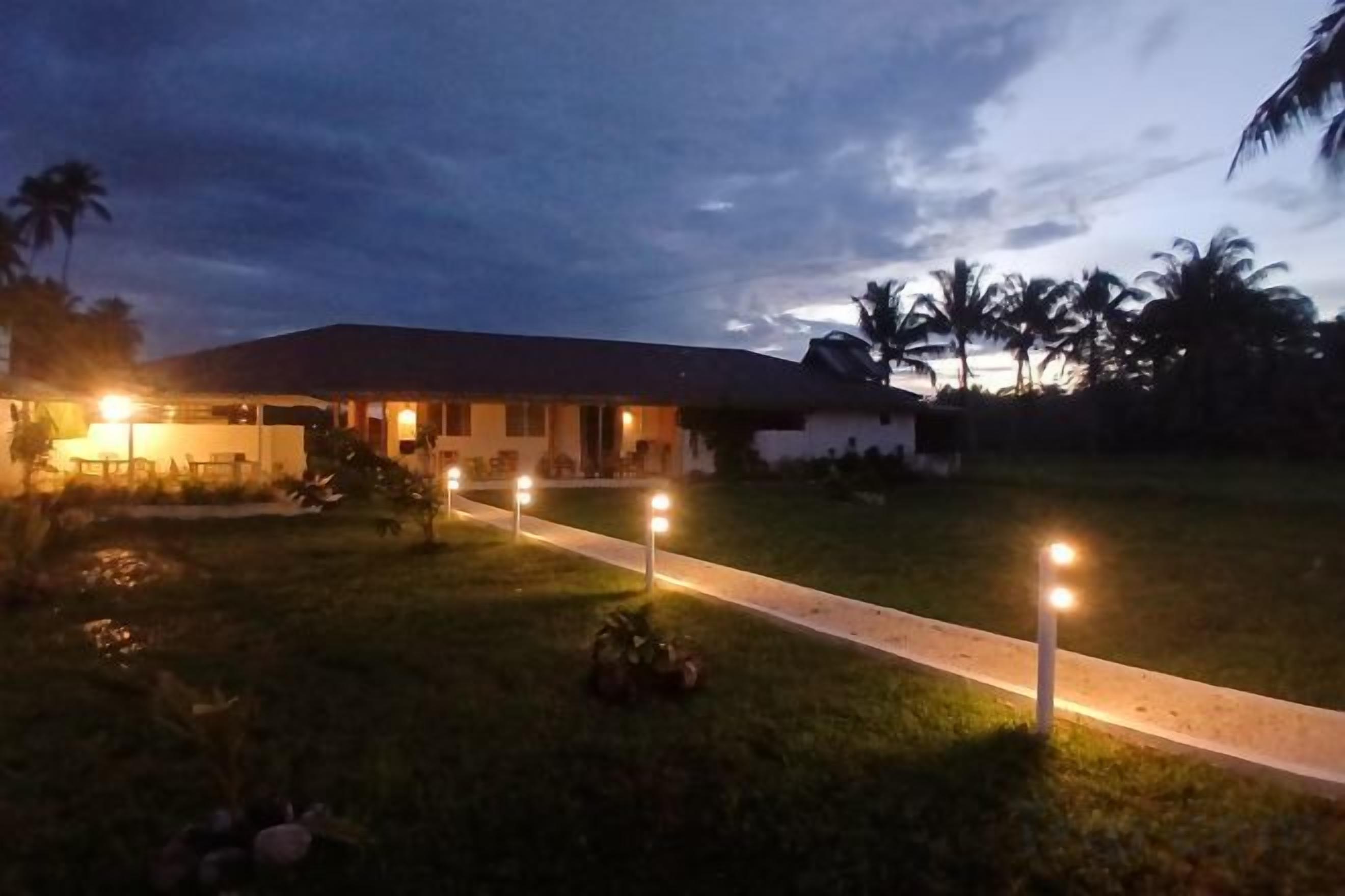 A house with a pathway leading to the entrance, surrounded by grass and palm trees.