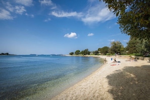 A beach with clear water, a sandy shore, and trees.