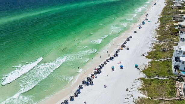 An aerial view of a beach with a long stretch of umbrellas and beachgoers.