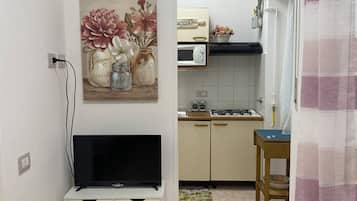 Kühlschrank, Mikrowelle, Herdplatte, Wasserkocher mit Kaffee-/Teezubehör