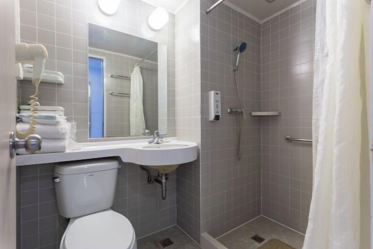 Et badeværelse med toilet, vask, spejl og bruser.