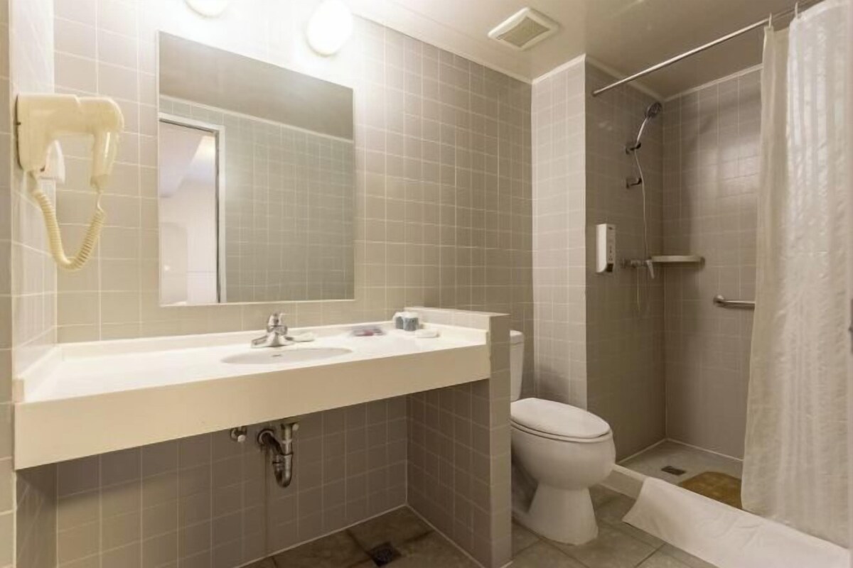 Et badeværelse med vask, spejl, toilet og brusebad.