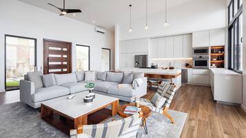 Smart TV, chimenea, reproductor de DVD, libros
