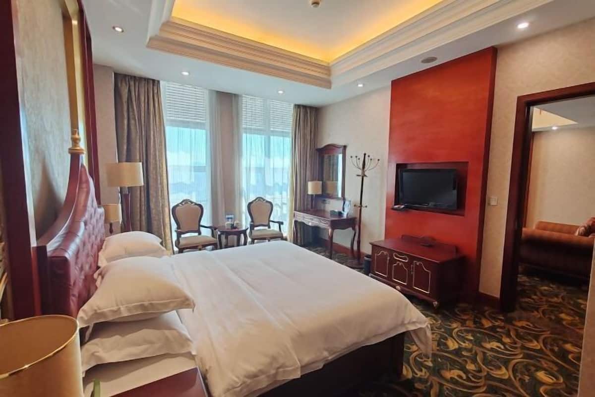 Une chambre d’hôtel avec un grand lit, un bureau, une télévision et une vue sur la ville.