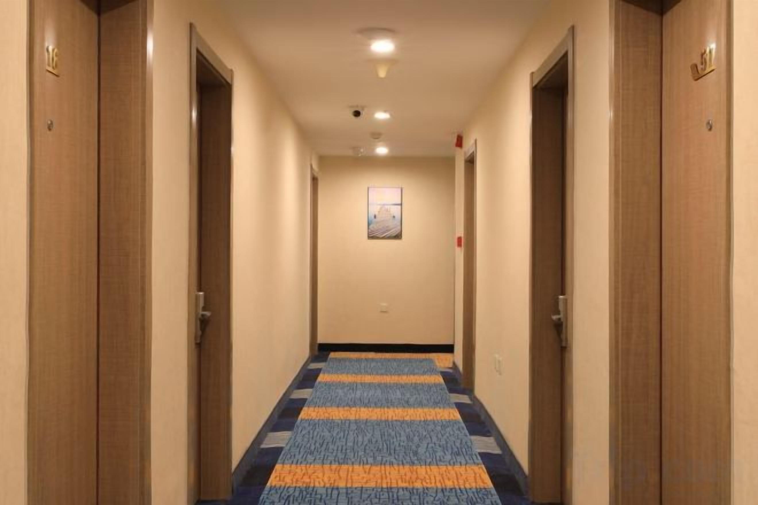 A hotel hallway with wooden doors, a patterned carpet, and a framed picture on the wall.