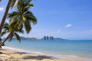 A beach with a palm tree, calm sea, and distant buildings. - Xinxing Garden Hotel (Sanyawan) (Sanya)