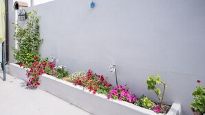 A narrow planter box with various flowers and plants against a white wall.