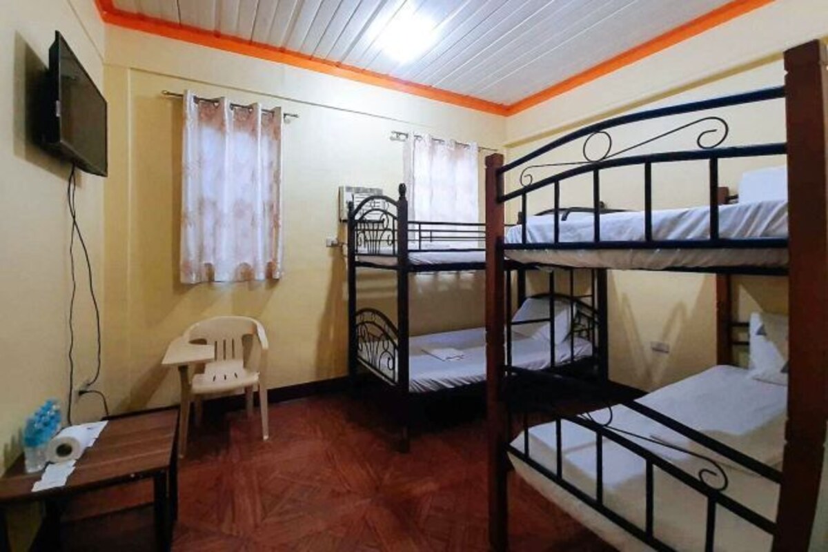 A dormitory room with bunk beds, a desk, a chair, and a television.