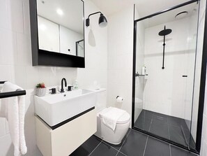 Douche, sèche-cheveux, serviettes fournies, savon