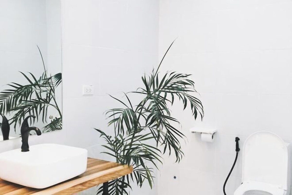 Un baño con un lavamanos blanco, encimera de madera, espejo, inodoro y planta en maceta.