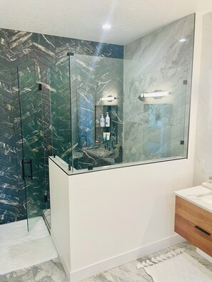Hair dryer, towels, soap, shampoo