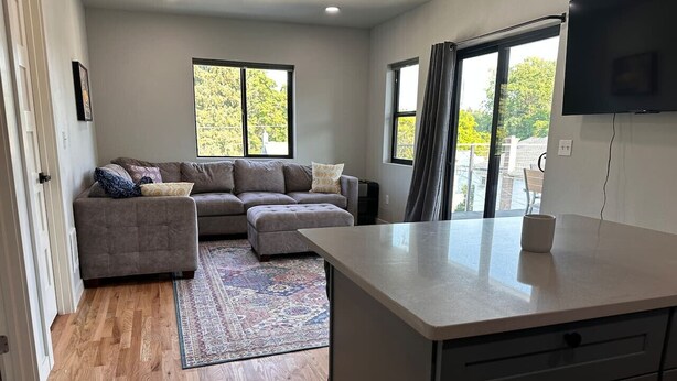 A modern living room with a sofa set, a rug, and a kitchen area with a countertop and cabinets. - Terrace View Apartment (Moscow)