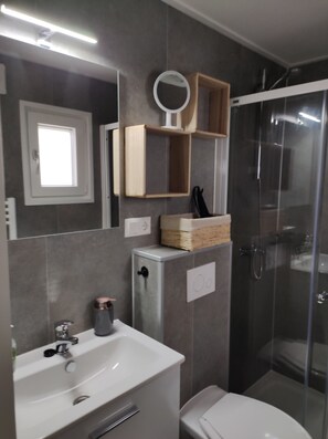 Shower, hair dryer, soap