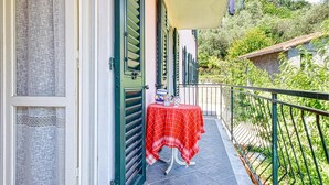 A balcony with a red checkered tablecloth, a small table with a teapot and cups, and a green door with shutters.
