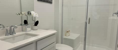 Shower, hair dryer, towels, soap