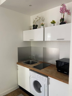 Une cuisine compacte équipée d’un lave-linge intégré, d’un évier et d’un plan de travail.