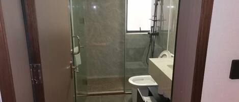 A modern bathroom with a glass shower enclosure, a white sink, and a mirror.